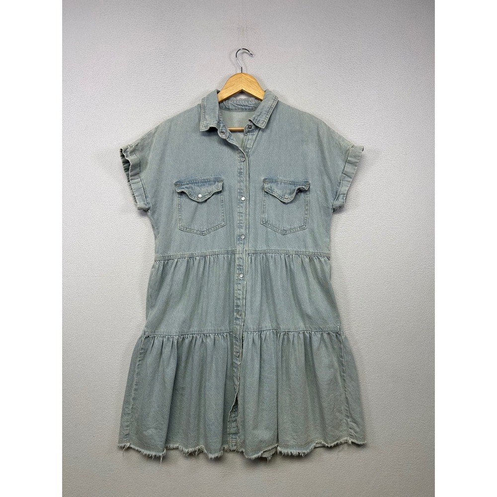 Boho Western Unbranded Womens Size Large Light Wash Tiered Denim Mini Dress